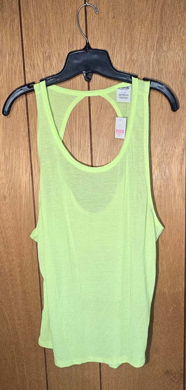PINK Victoria's Secret Tank Top Womens L Neon Green Open Back Workout Yoga NWT